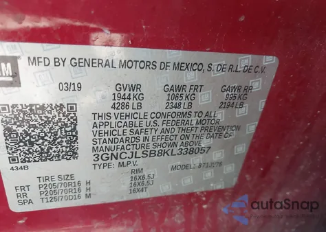 2019 Chevrolet Trax Lt z USA, uszkodzony, nr VIN 3GNCJLSB8KL338057